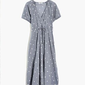 Madewell Embroidered Gingham Faux-Wrap Tie Waist Midi Dress